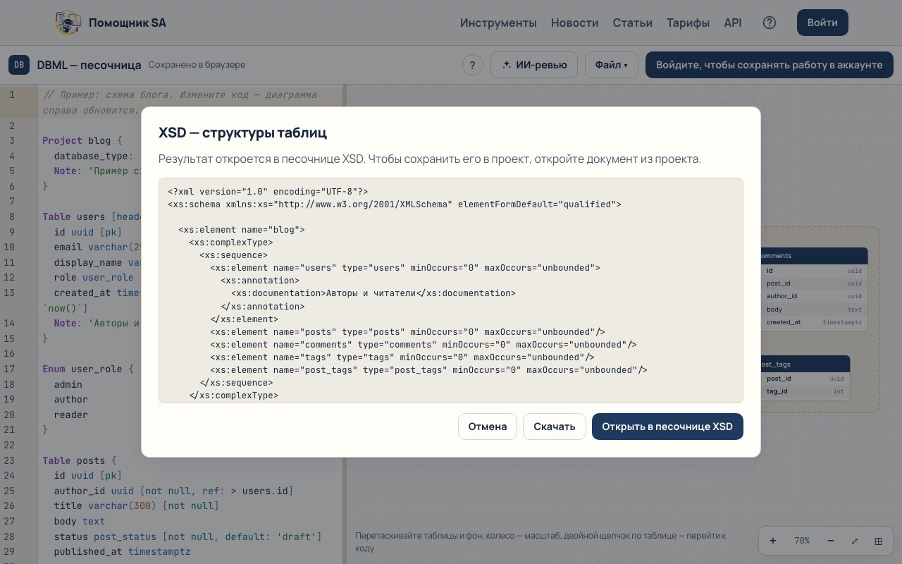 Окно преобразования DBML в XSD с предпросмотром схемы